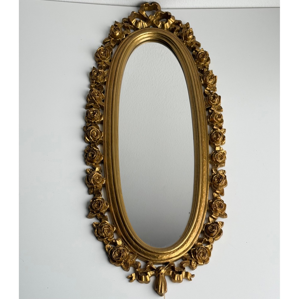 Vintage Mid Century Oval Wall Mirror Gold Hollywood Regency 70s Rose Floral